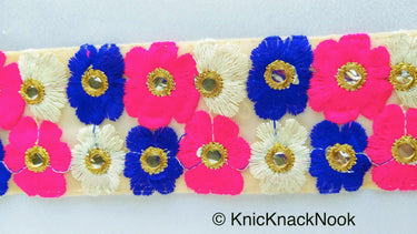 Beige Net Lace Trim In Blue, Off White, Fuchsia Pink And Gold Floral Embroidery And Mirror Embellishments